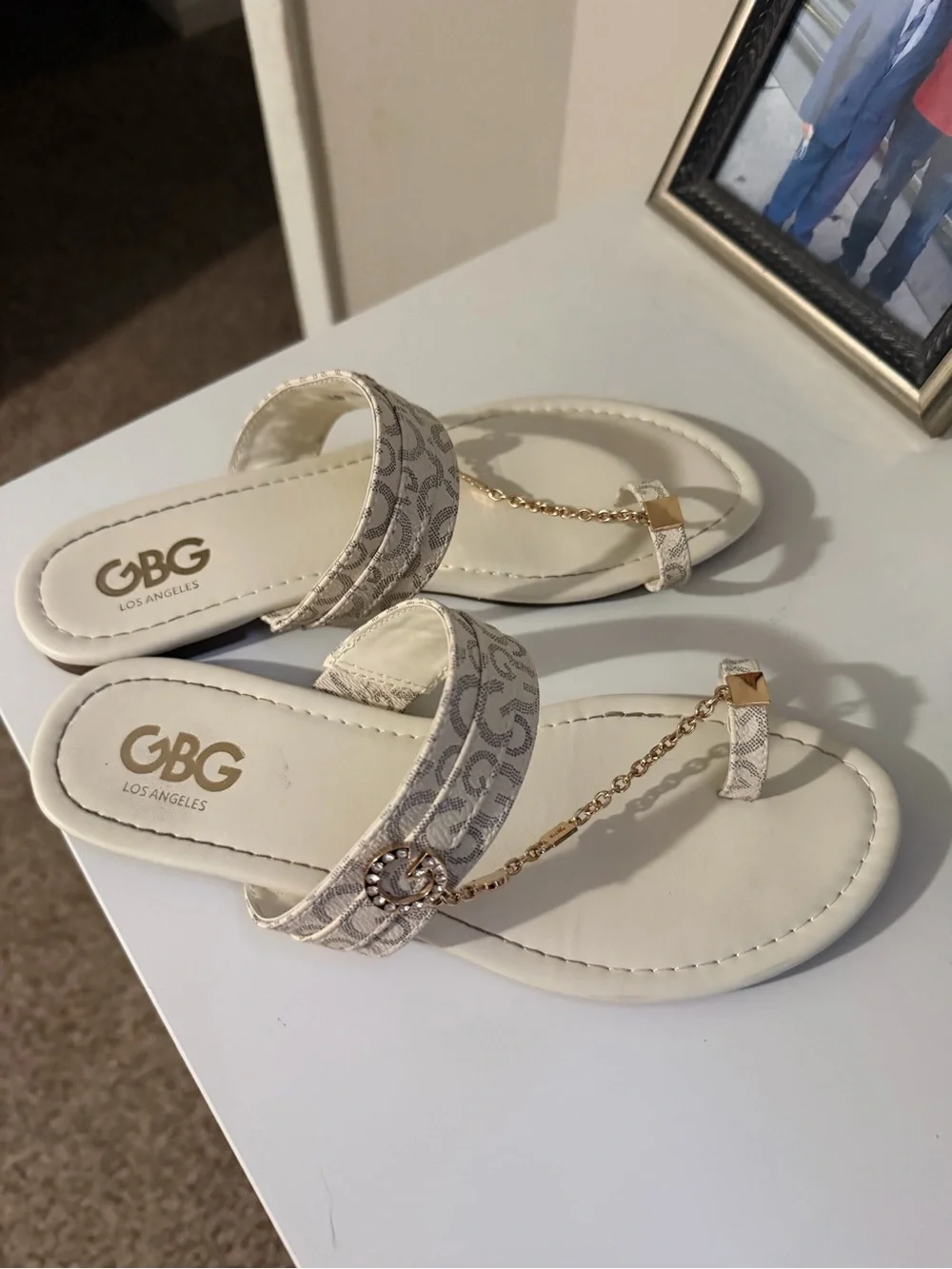 GBG Los Angeles Cream Chain-Accent Toe-Post Sandals